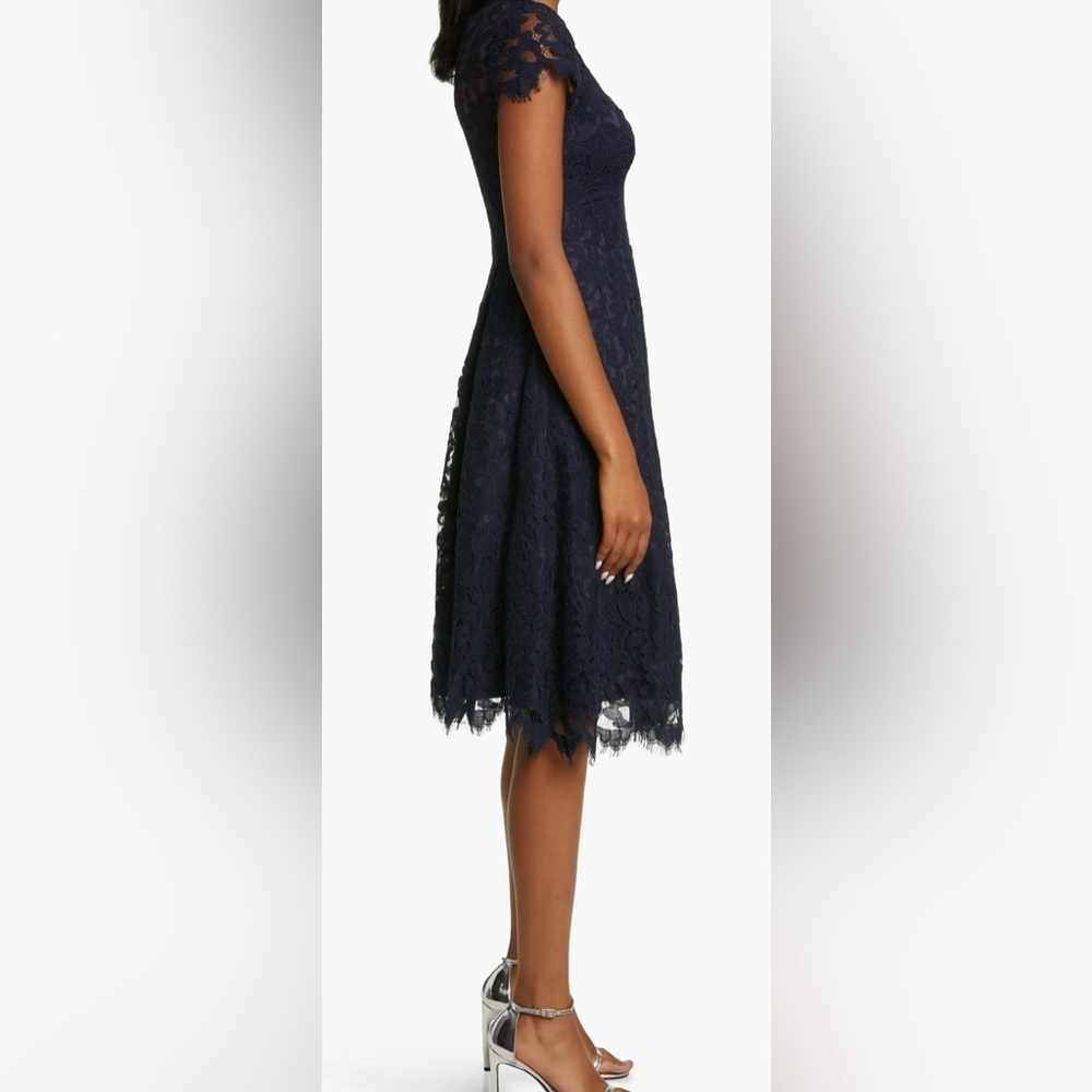 Eliza J Macy’s NWT Navy Eyelash Lace Fit & Flare Cocktail Evening Party Dress 8 - Picture 6 of 13